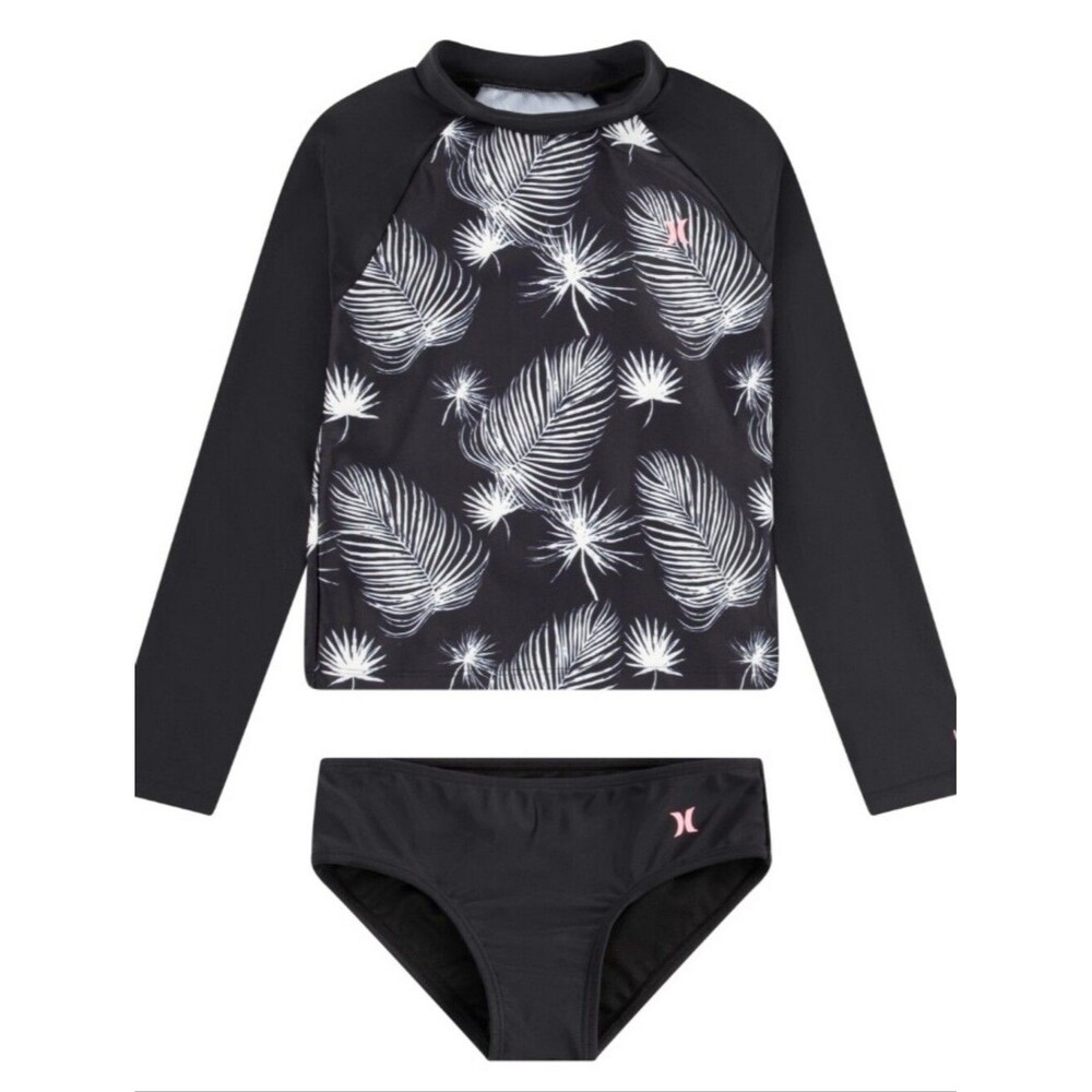 NWT Hurley Black White Palm Print Long Sleeve Rashguard Set Two Piece - Size 12